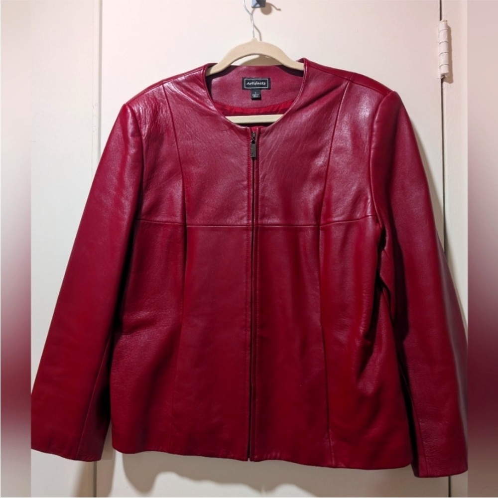⛱️Artifacts - Burgundy Vintage Collarless 100% Genuine Leather Jacket - L